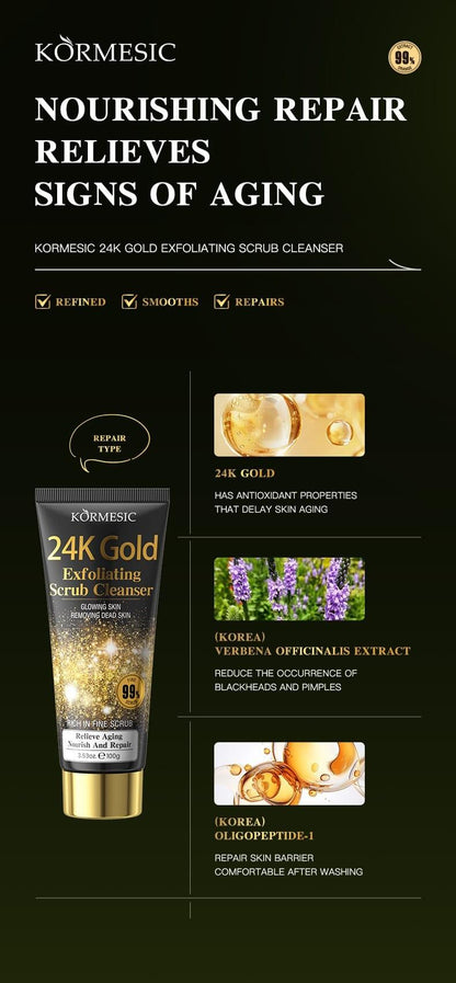 Gel de Limpeza Facial Esfoliante 24K – Limpeza Profunda e Renovação com Luxo Dourado